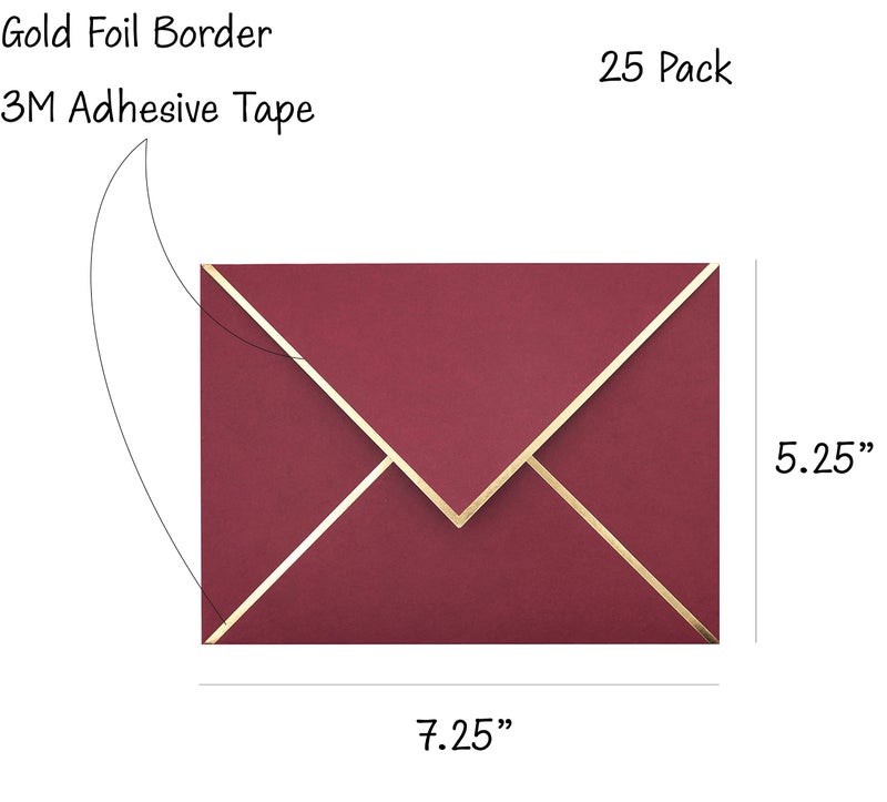 CHRIZ.Z A7 Envelopes - 25-Pack V Flap Foil Border Luxury Mailing Envelopes for 5"" x 7"" Cards - for Wedding, Invitations, Baby Shower, Graduation, Birthday, Bridal Shower, Christmas - 5.25"" x 7.25"" (Burgundy) - Image 2